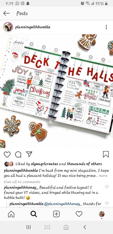 Happy Planner New Years Layout, Happy Planner Planning With Bumble, Happy Planner December Monthly Layout, Happy Planner Winter Layout Ideas, December Planner Layout, Planning With Bumble, Bujo Christmas, Calendar Doodles, Planner Spread Inspiration