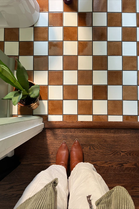 Our checkerboard tile comes glues to mesh sheets to make installation simple and headache free! This stunning light brown hazelnut checker floor add a touch of vintage character even the smallest of spaces. Checkered Mosaic Tile, Checkered Fireplace Hearth, Brown Checkered Tile, Brown And White Tile Bathroom, Funky Floor Tile, Large Checkered Tile Floor, Checkered Tile Floor Bathroom, Checker Floor Bathroom, Brown And White Checkered Floor