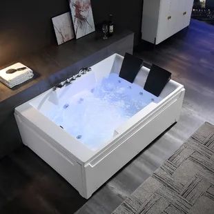 Minimalist lines and generous design. Bench seat for side-by-side bathing. Color: Biscuit | MTI Baths Kalia 60" x 60" Undermount Soaking Acrylic Bathtub w / Integrated Seat Acrylic, Size 23.0 H x 59.75 W in | Wayfair Wall Alcove, Jetted Bath Tubs, Retractable Hose, Bath Tubs, Whirlpool Tub, Jacuzzi Tub, Jetted Tub, Whirlpool Bathtub, Acrylic Bathtub