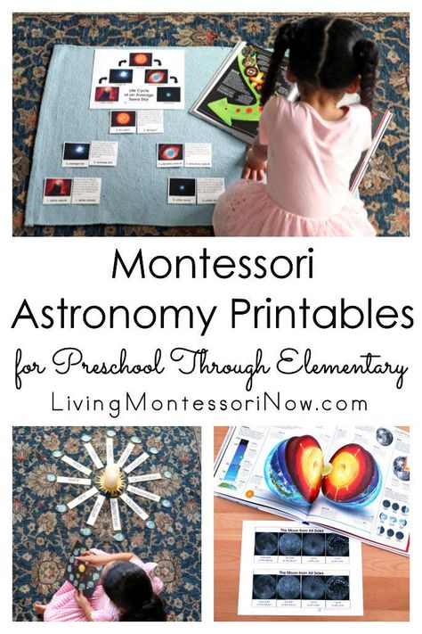 You'll find comprehensive Montessori astronomy printables here for preschool through elementary; perfect for homeschool or classroom - Living Montessori Now #Montessori #homeschool #preschool #kindergarten #elementary #astronomy  via @ Astronomy Printables, Montessori Astronomy, Universe Activities, Montessori Homeschool Preschool, Montessori Birthday Celebration, Planets Activities, Montessori Science, Montessori Elementary, Montessori Art