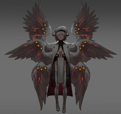 Black Sclera, Beret Black, Feathered Wings, Background Grey, Parted Lips, Orange Eyes, Hair Hat, Glowing Eyes, Hair Simple