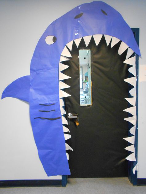 Shark Door Decoration, Halloween Doors, Shark Mouth, Classroom Doors, Vbs 2024, Ocean Party, Shark Themed, School Bulletin Boards, Classroom Door