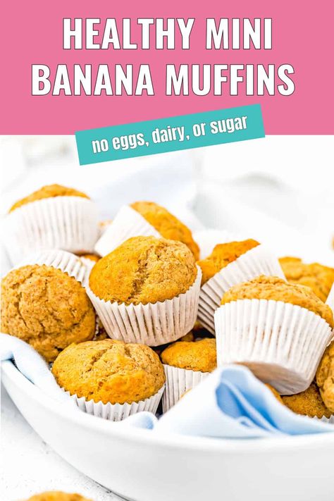 These Healthy Mini Banana Muffins are tender, moist, and bursting with banana bread flavor. They're completely egg-free, dairy-free, and refined sugar-free, making them perfect for anyone with dietary restrictions or simply looking for a healthier snack option. Plus, they’re freezer-friendly, so you can always have a stash ready for a quick, healthy snack. You can mix everything together in just a few minutes, pop them in the oven, and voilà—24 delicious mini muffins ready  to enjoy. Banana Bread Muffins No Eggs, Banana Muffins No Oil, Healthy Mini Muffins, Banana Muffins Without Eggs, Banana Muffin No Egg, Egg Free Banana Muffins, Low Fat Banana Muffins, Eggless Banana Muffins, Egg Free Muffins