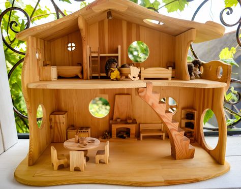 Excited to share this item from my #etsy shop: Wooden Fairy-tale Dollhouse with Fireplace & Furniture Montessori Waldorf Eco Friendly Forest Creatures Dollhouse 1:16 Scale Woodland House Refrigerator Table, Light Fireplace, Toy Furniture, Casa Hobbit, Fireplace Furniture, Dollhouse Lighting, Woodland House, Dollhouse Christmas, Handmade Birthday Gifts