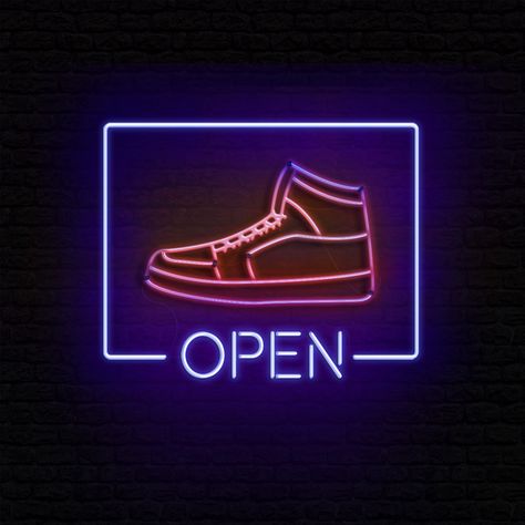 Neon open sign picturing a sneaker shoe Royal Enfield Wallpapers, Open Sign, Neon Flex, Online Logo Design, Flyer And Poster Design, Open Signs, Online Logo, Neon Art, Royal Enfield