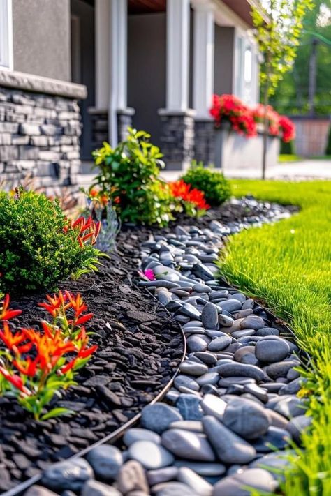 Create a small zen garden with raked gravel or sand.
Add larger rocks strategically for a peaceful, minimalist design.
Incorporate a bench or a small water feature for a tranquil spot.
Boulder Features:

Use one or two large boulders as focal points in your landscape.
Surround them with smaller rocks and plants for a natural look.
Consider adding a spotlight to highlight the boulders at night.
Hashtags for Sharing
#RockGarden
#LandscapingIdeas
#FrontYardDesign
#GardenRocks
#RockPathway
#OutdoorL Side Yard Mulch Ideas, Simple Landscaping With Rocks, Rocks And Mulch Landscaping Front Yards, Outside Rock Landscaping, Stone And Mulch Landscaping, Mulch And Rock Flower Bed, Rock And Mulch Landscaping Front Yards, Rock Mulch Landscaping, Mulch And Rock Landscaping Ideas