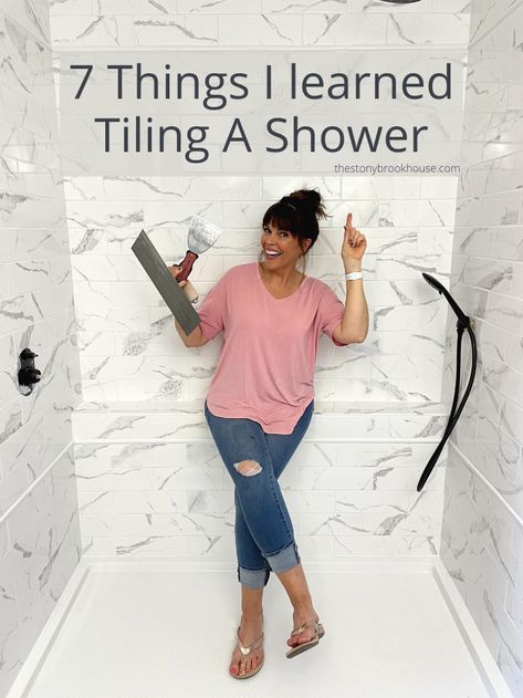 7 Things I learned Tiling A Shower Shower Retile Diy, Easy Tile Shower Diy, Shower Tile Ideas Easy To Clean, Replacing Shower Insert, Easy Clean Shower Tile, Tiling Shower Floor, Retiling Bathroom Shower Wall Tiles, Easy To Clean Bathroom Tile, Replace Shower Tile