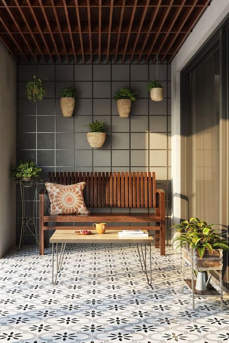 Earthy Balcony Design With Patterned Floor Contemporary Balcony, Living Room And Bedroom Combo, Balcony Design Ideas, Kitchen Shelf Decor, Balcony Flooring, Modern Balcony, Small Balcony Design, Courtyard Design, Flat Interior