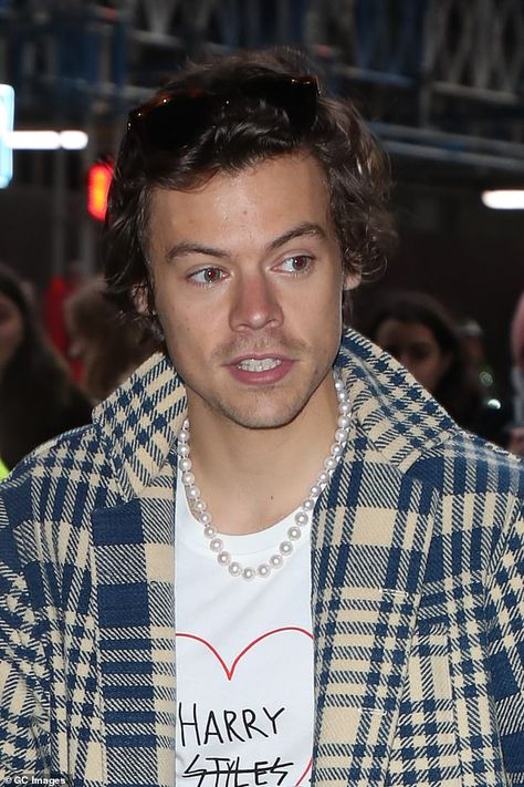 Statement maker: Harry Styles on December 18 2019 wearing a t-shirt and a strand of pearls Men With Pearls, Men In Pearls, Men Wearing Pearls, Harry Styles Pearl Necklace, Men Pearls, Harry Styles Pearls, Harry Styles Jewelry, Mens Pearl Necklace, Pearl Outfit