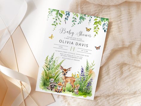 Editable Woodland Baby Shower Invitation. Cute Forest Greenery Wild Animals Printable Canva Template, Gender Neutral Mobile Invite #wa10 by MagicalFlowerStudio on Etsy Wild Animals Printable, Animals Printable, Cute Forest, Wild Baby, Woodland Baby Shower Invitations, Woodland Baby, Baby Shower Woodland, Wild Ones, First Baby