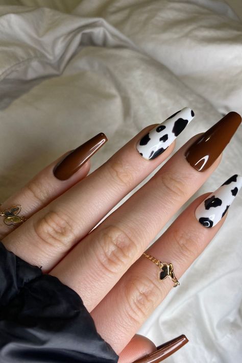 Animal Print White and Brown Nails Black And Brown Cow Print Nails, Black White And Brown Nails, Christmas Cow Print Nails, White Brown Nails, Nails Brown And White, Brown White Nails, Brown Cow Nails, White And Brown Nails, Brown And Black Nails