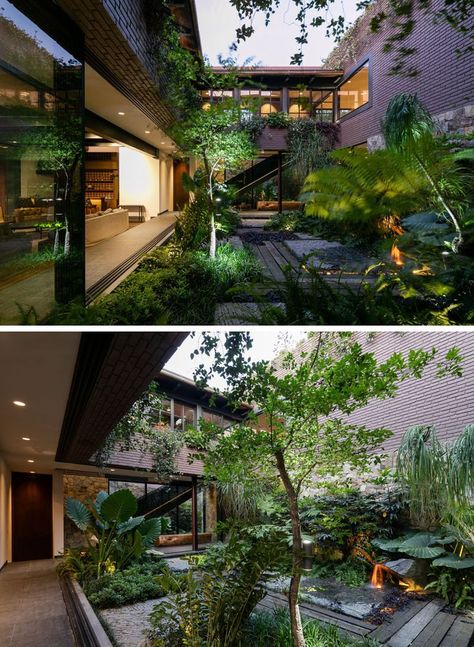 Next to the main living area in this modern house is an internal courtyard, filled with plants and a water feature. Houses In Mexico, Desain Lanskap, Internal Courtyard, Casa Patio, House And Garden, Courtyard House, Hus Inspiration, Design Exterior, Interior Garden