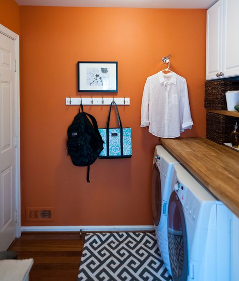 Yam Sherwin Williams Yam Sherwin Williams, Outgoing Orange Sherwin Williams, Orange Laundry Room Ideas, Orange Laundry Room, Orange Bathroom Walls, Laundry Remodel, Powder Room Renovation, Laundry Ideas, Bohemian Bathroom