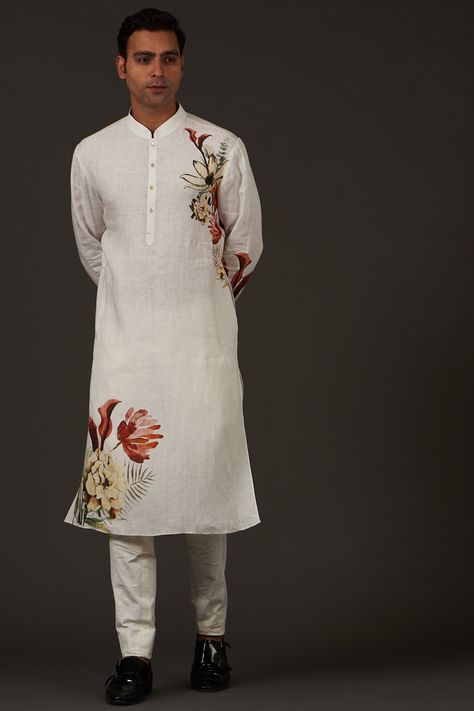 Featuring an ivory kurta in linen base with print. It is paired with matching cotton churidar pants.  FIT: True to size. COMPOSITION: Linen, Cotton. CARE: Dry clean only. Kurta Designs Men's, Man Dress Design, Cotton Churidar, Wedding Kurta For Men, Gents Kurta Design, Gents Kurta, Kurta Men, Kurta Style, Rohit Bal