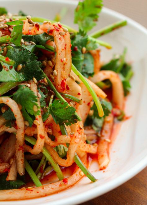 Korean Cilantro Salad, Salad With Kimchi, Cilantro Kimchi, Ahnest Kitchen, Daikon Recipes, Daikon Kimchi, Fantasy Recipes, Kimchi Recipes, Daikon Recipe