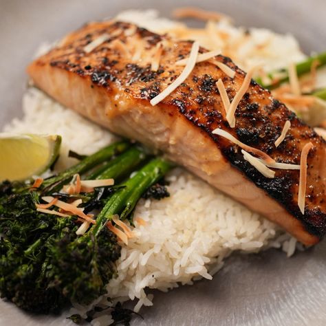 Ocean Treats, Salmon With Coconut Rice, Broccolini Recipe, Jeff Mauro, The Kitchen Food Network, Miso Salmon, Tv Recipes, Broiled Salmon, Marinated Salmon