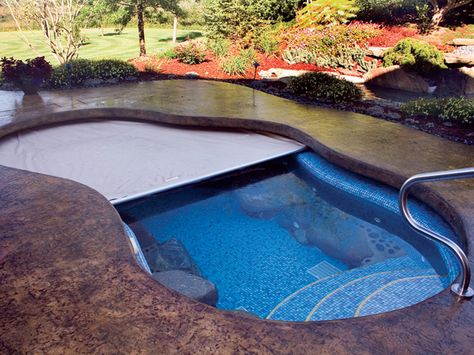 Pool Covers - next time we need a new one. Cantilever Deck, Inground Pool Covers, Schumacher Homes, Pool Safety Covers, Spa Outdoor, Hidden Pool, Kidney Shaped Pool, Automatic Pool Cover, Pool At Night