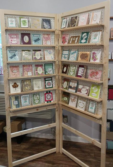 Retail Card Display, Greeting Card Holder Display, Greeting Card Display Ideas, Sticker Booth, Cards Display Ideas, Art Festival Booth Display, Festival Booth Display, Booth Display Ideas Diy, Art Festival Booth