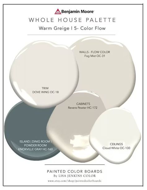 Benjamin Moore Warm Greige Paint Palette 18x12 Painted Color Boards Revere Pewter Fog Mist Dove Wing Cloud White Knoxville Gray - Etsy Knoxville Gray, Dove Wing, Greige Paint Colors, Greige Paint, Color Boards, Paint Color Inspiration, House Color Palettes, Revere Pewter, Farmhouse Paint