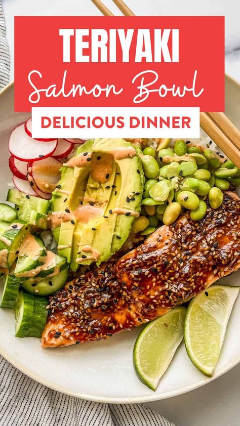 This teriyaki salmon rice bowls recipe is bursting with veggies and makes for a delicious weeknight meal! Salmon Rice Bowl Recipes, Teriyaki Salmon Bowl, Seafood Dinners, Salmon Rice Bowl, Salmon Rice, Salmon Bowl, 75 Hard, Rice Bowls Recipes, Teriyaki Salmon