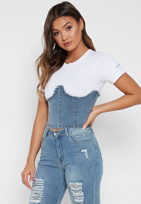 Corset And Jeans Outfit, Denim Corset Outfit, Corset Outfit Ideas, Senegalese Clothing, Streetwear Shoot, Denim Corset Belt, Corset T Shirt, Blouse Corset, Corset And Jeans