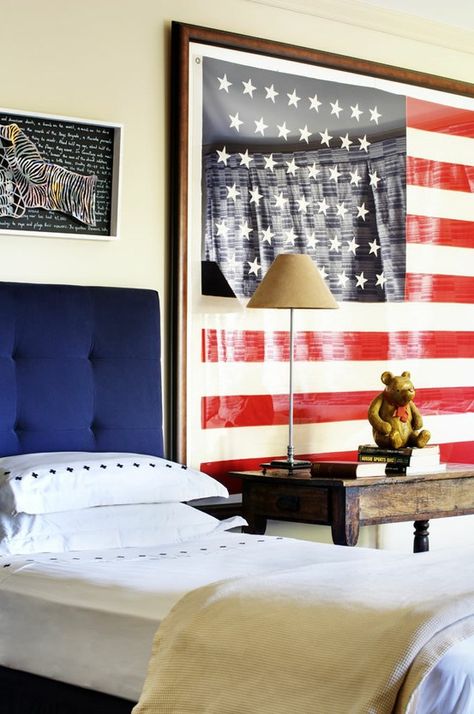 American Flag Framed in Bedroom Thomas Hamel, Patriotic Bedroom, Framed American Flag, Ralph Laurent, Boys Room Design, American Flag Decor, Framed Flag, Future Children, Flag Wall