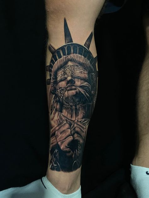 Liberty Statue Tattoo, Lady Liberty Tattoo, Mob Tattoo, Calf Sleeve Tattoo, Statue Of Liberty Tattoo, Money Bag Tattoo, Lion Shoulder Tattoo, David Tattoo, Dbz Tattoo