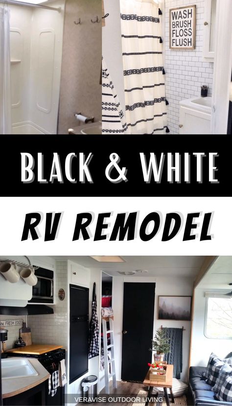 Black Cabinets Rv, Black And White Rv Decor, Black And White Camper Remodel, Black And White Camper Interior, Black And White Rv Interior, Remodeling Campers Interior, Camper Renovation Ideas, Rv Remodel Ideas, Black And White Backsplash