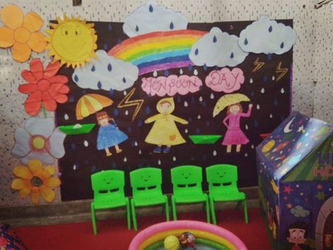 Rainy Season Classroom Decoration, Rainy Day Decoration Ideas, Rainy Day Board Decoration, Rainy Season Decoration For School, Rainy Day Bulletin Board Ideas, Rainy Day Decoration In Preschool, Rainy Season Board Decoration Ideas, Classroom Door Displays, 2023 Board