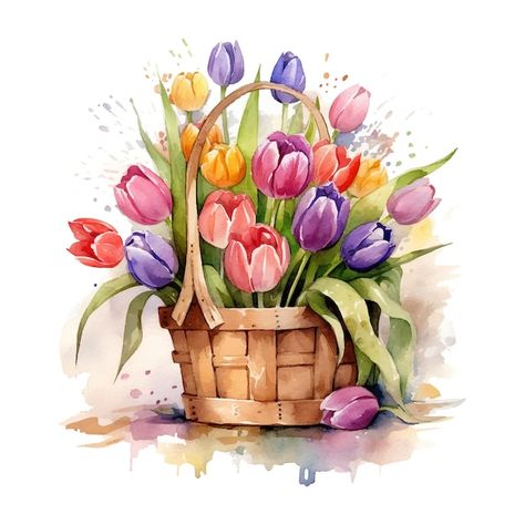 Vector a basket of tulips is shown in wa... | Premium Vector #Freepik #vector Tulip Clipart, Watercolor Tulips, Purple Tulips, Easter Flowers, 수채화 그림, Red Tulips, Watercolor Illustrations, Tulips Flowers, Arte Floral