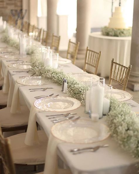 Elegant & Understated Gypsophila As Wedding Decor ~ LOVE this baby's breath garland adorning the head table! Floral Verde Gypsophila Wedding, Head Table Wedding, Rustic Wedding Decorations, Wedding Floral Centerpieces, Wedding Table Decorations, Long Table, Wedding Decor Elegant, Head Table, Wedding Table Centerpieces