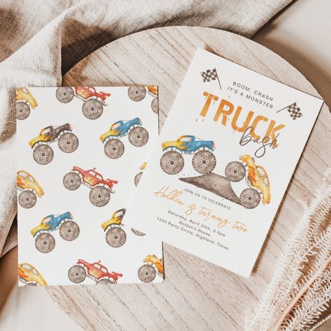 Monster Truck Birthday Invitation | Monster Truck - Birthday Invitation Monster Truck First Birthday, Monster Truck Theme Birthday Party, Monster Jam Birthday Party, Monster Jam Birthday, Monster Invitations, Monster Truck Theme, Fruit Birthday Party, 2nd Birthday Boys, Monster Truck Party