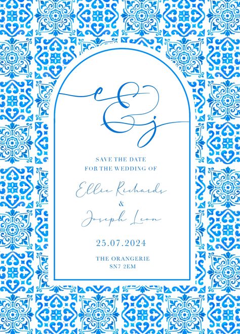 A beautiful touch of artisan design, our 'Mosaic Tile' Wedding Invitations are the perfect way to invite your guests to your wedding. Stunningly designed our resident artist Rebecca, our designs are all original for a gorgeous traditional touch.  This listing is for either a PRINTABLE DIGITAL FILE OR PRINTED invitations on luxury textured Tintoretto Gesso heavyweight paper. Size measures 148mm x 210mm. Envelopes Included. This invitation has a double sided option. The information/particulars card can be printed on the reverse of your wedding invitation and your names on the front. If you would like the information card to be printed on the reverse of your invitations please select the correct corresponding quantity from the drop down list.  This item is also available as a PRINTABLE DIGITA Tile Wedding, Mosaic Wedding, Blue Mosaic Tile, Save The Dates Wedding, White Mosaic, Blue Mosaic, Wedding Company, Information Card, Tile Print