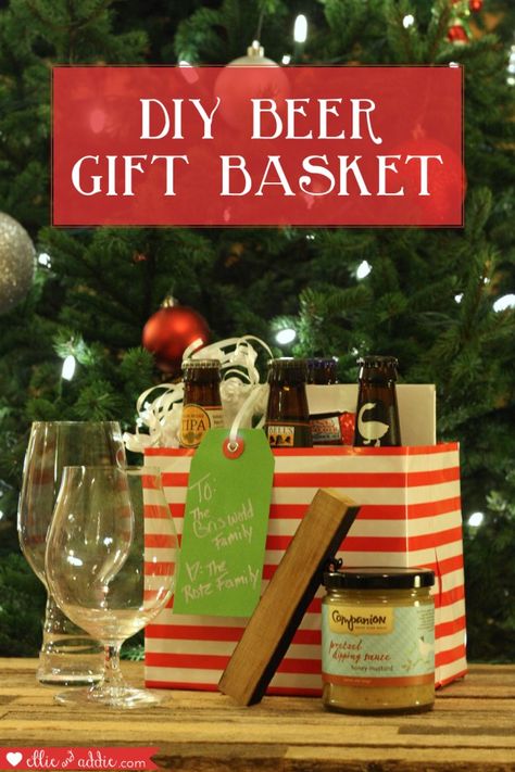 Hoppy Holidays - DIY Beer Gift Basket | Ellie And Addie Beer Bucket Ideas Gift Baskets, Beer Gift Basket Ideas, Liquor Gift Baskets Diy, Diy Beer Gifts, Beer Gift Basket, Liquor Gift Baskets, Beer Gifts Basket, Beer Hampers, Liquor Gifts