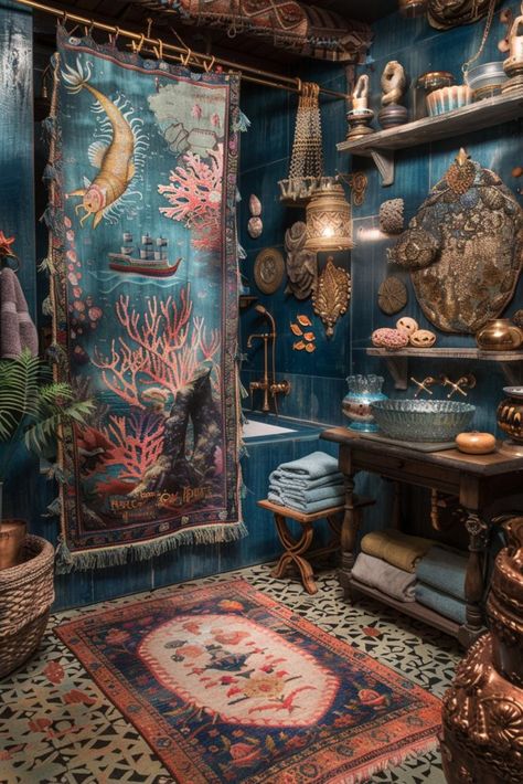 Mermaid Bathroom Ideas, Underwater Palace, Pirate Bathroom, Mythical Sea Creatures, Sea Bathroom, Ocean Bathroom, Textured Rugs, Iridescent Tile, Dark Mermaid