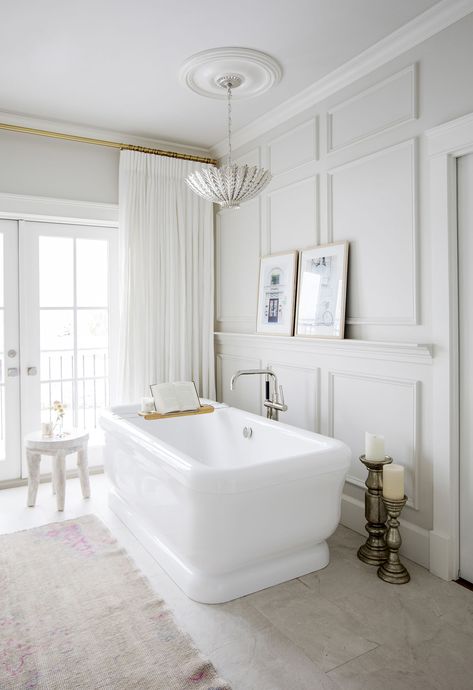 Jillian Harris Wayfair Jillian Harris, Master Ensuite, Real Estat, Steam Showers Bathroom, White Bath, Cabinetry Design, Home Luxury, Subway Tiles, Custom Drapes