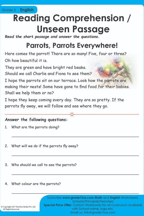 English Unseen Passage for Class 3 CBSE NCERT students with Questions, read about Parrots here, answer the questions and get good marks in examinations Subscribe to www.grade1to6.com for just $25 a year to get 6000 plus Maths and English worksheets for Grade 1 to Grade 6 #mathworksheets #schoolprincipals #englishworksheets English Worksheets For Grade 1, Unseen Passage, Free English Worksheets, Creative Writing Worksheets, Worksheets For Grade 1, Good Marks, Reading Comprehension For Kids, English Stories For Kids, Short Passage