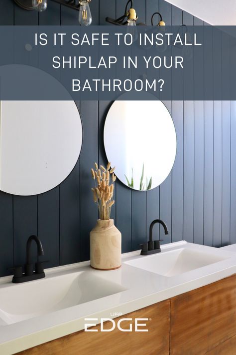 Is it safe to install shiplap in my bathroom? Many DIYers want to know if it is safe to install shiplap in their bathroom or in other areas often associated with high levels of humidity or moisture. No one wants to worry about mildew, decay or a peeling paint surface. See how our real wood shiplap works well in bathrooms. Shiplap Bathroom Accent Wall Master Bath, Shiplap Bathroom Backsplash, Nickle Gap Shiplap Wall Bathroom, Waterproof Shiplap Bathroom, Natural Shiplap Bathroom, Natural Wood Shiplap Wall Bathroom, Painted Shiplap Walls Bathroom, Shiplap In Bathroom Ideas Accent Wall, Stained Shiplap Wall Bathroom