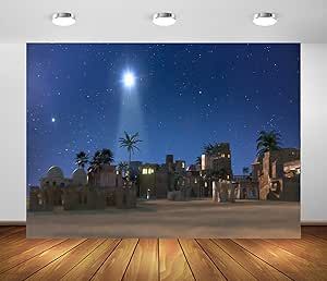 BELECO 7x5ft Fabric Nativity Backdrop Christmas Star Night Manger of Christmas of Jesus Christ Bethlehem Town Village Background Star of Bethlehem Religious Church Christmas Decoration Photo Props Bethlehem Stage Props, Night In Bethlehem Decorations, Town Of Bethlehem Backdrop, Back To Bethlehem Night, Star Over Bethlehem, Nativity Backdrop, Village Background, Party Photo Background, Bethlehem Star