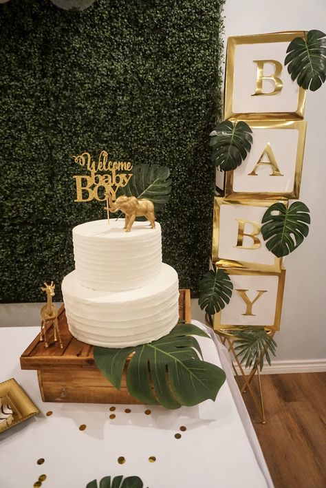 Safari Shower Cake, Safari Themed Baby Shower Cake, Safari Boy Baby Shower Ideas, A Wild One Is On The Way, Baby Boy Jungle Shower Ideas, Safari Baby Shower Cake Boy, Baby Shower Safari Centerpieces, Safari Baby Shower Gender Neutral, Modern Safari Baby Shower Ideas