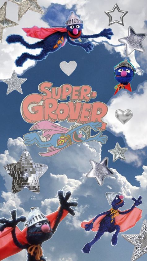 Super Grover in the clouds background with stars and hearts and his cute logo! Grover Sesame Street, Super Grover, In The Clouds, The Clouds, Sesame Street