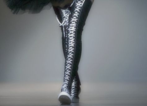 Thigh High Sneakers Thigh High Converse Shoes, Edgy High-top Boots For Cosplay, Black Ankle-high High-top Sneakers With Abzorb Midsole, Fitted Thigh High Punk Legwear, Edgy Thigh-high Platform Boots, Converse Boots, Black Thigh High, Scene Queens, High Sneakers