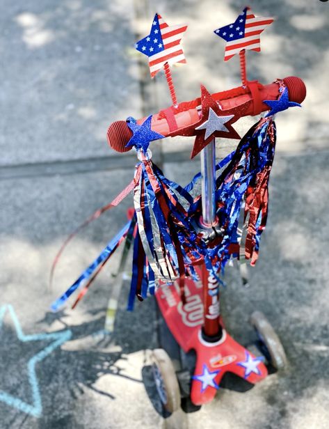 4th of July scooter decor Fourth Of July Bike Decorating Ideas, 4th Of July Scooter Decorations, Fourth Of July Bike Parade Ideas, 4th Of July Bike Decorations, Bike Parade, Bike Decorations, Biking Diy, 4th Of July Parade, 4th July Crafts