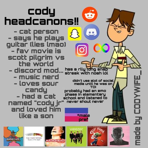 tdi totaldrama cody headcanons blah blah blah Total Drama Headcanons, Cody Tdi Fanart, Noco Total Drama, Noco Art, Cody Anderson, Scott Pilgrim Vs. The World, Drama Memes, Drama Total, Vs The World