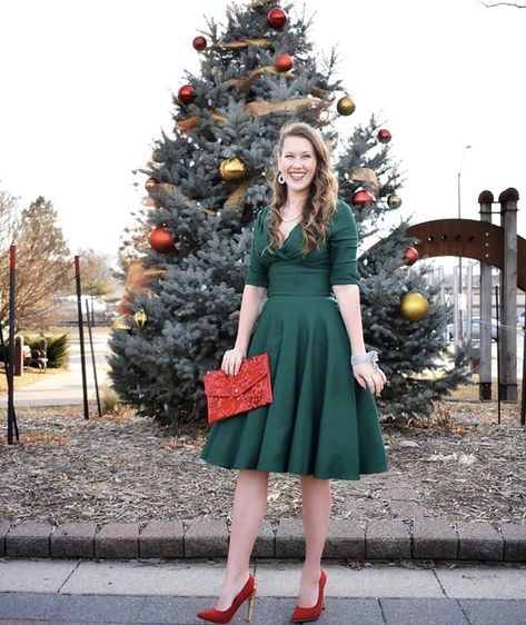 Vintage meets chic in this adorable ensemble by @onthe.bl !      #dress #dresses #holiday #green #christmas #wiw #ootd #ootdfashion #style #stylegram #stylista #fashion #fashionista #fashiongram #shopping #boutique #onlineshopping #houston #houstonfashion #houstonfashionblogger #pippaandpearl #pearlgirl Green Dress Christmas Outfit, Monochromatic Wardrobe, 2023 Ideas, Week Outfits, Uniform Ideas, Trendy Christmas Outfits, Vintage Wreath, Christmas Week, Dresses Holiday