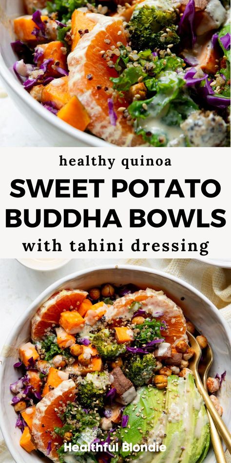 This easy quinoa sweet potato Buddha bowl recipe is loaded with roasted sweet potatoes, crispy chickpeas, charred broccoli, fresh kale, and a homemade creamy tahini dressing. These grain bowls make for the perfect high protein vegan meal or easy meal prep lunch! Sweet Potato Buddha Bowl, Potato Buddha Bowl, Butternut Squash Pasta Sauce, Charred Broccoli, Potatoes Crispy, Greek Quinoa Salad, Sweet Potato Bowls, Homemade Tahini, Quinoa Sweet Potato