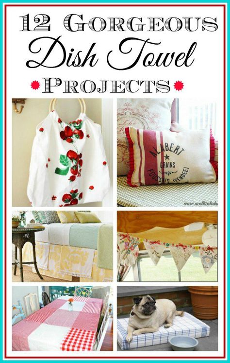 Here are some gorgeous  projects that can be made by repurposing new or old towels. Maybe you have some towels that are  a bit frayed but you don’t want to cut them up and use them as rags. Or perhaps you found some really cute tea towels.  Hopefully this collection of ideas will inspire you to make something new out of those towels. This apron was made from a kitchen towel – see how at Then She Made… I’ve always wanted to do this. Beach Vintage made this cute tablecloth from a package of 12 ... Sewing Towel Projects, Vintage Calendar Tea Towels Repurposed, Diy Dish Towel, Tea Towels Crafts, Dish Towel Crafts, Kitchen Towels Crafts, Tea Towels Diy, Diy Dish, Diy Towels