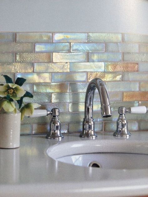 Iridescent Glass Mosaic. With link Iridescent Tile, Herringbone Backsplash, 아파트 인테리어, Beautiful Bathrooms, Design Case, Tile Backsplash, Kitchen Backsplash, 인테리어 디자인, My Dream Home