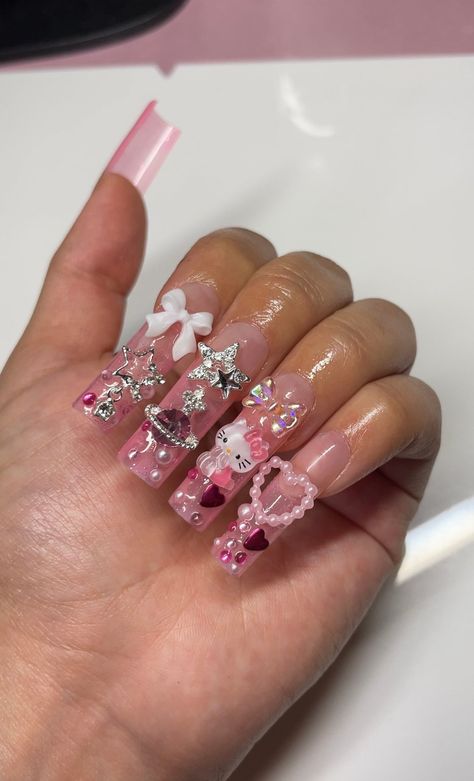 Nail prep kit included️ Hello Kitty Press On Nails, Hello Kitty Junk Nails, Hello Kitty Charm Nails, Long Junk Nails, Press On Nails Aesthetic, Charm Nails, Junk Nails, Nail Prep, Glamour Nails