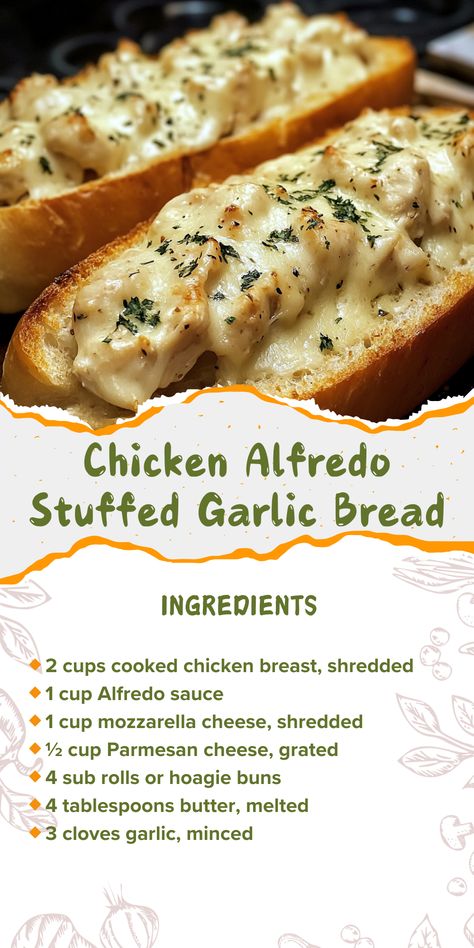 🥘 𝑫𝒊𝒓𝒆𝒄𝒕𝒊𝒐𝒏𝒔      🔸 Preheat oven to 375°F (190°C).      🔸 Mix chicken, Alfredo sauce, mozzarella, Parmesan, salt, pepper, and Italian seasoning in a bowl.      🔸 Slice sub rolls in half lengthwise.      🔸 Fill each roll with the chicken Alfredo mixture.      🔸 Combine melted butter and minced garlic; brush over the rolls.      🔸 Bake stuffed subs on a baking sheet for 15-20 minutes until cheese is melted and bread is toasted.      🔸 Sprinkle with fresh parsley before serving. Chicken Alfredo Bread Boat, Chicken Alfredo Bread Bowls, Chicken Alfredo Monkey Bread, Chicken Alfredo Garlic Bread, Sub In A Bowl, Chicken Alfredo Bread, Chicken Stuffed Bread, Alfredo Bread, Yummy Dinner Recipes